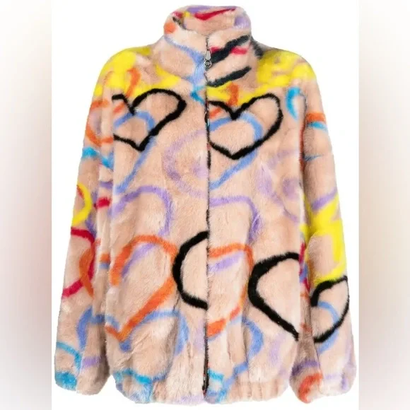 Philipp Plein Multicolor Heart-Print Faux-Fur High-Neck Coat - Picture 3 of 10